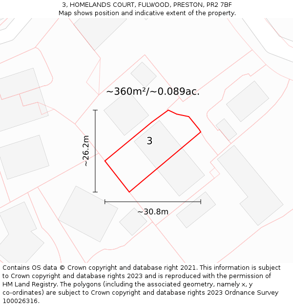 3, HOMELANDS COURT, FULWOOD, PRESTON, PR2 7BF: Plot and title map