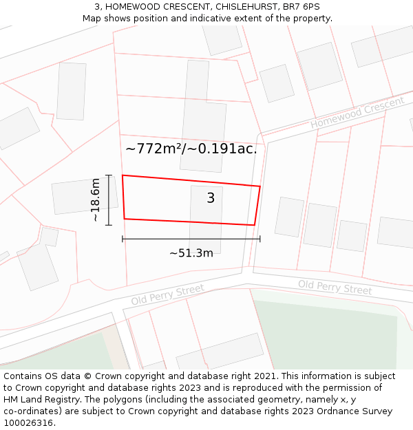 3, HOMEWOOD CRESCENT, CHISLEHURST, BR7 6PS: Plot and title map