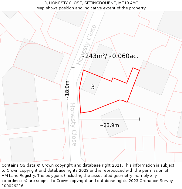 3, HONESTY CLOSE, SITTINGBOURNE, ME10 4AG: Plot and title map