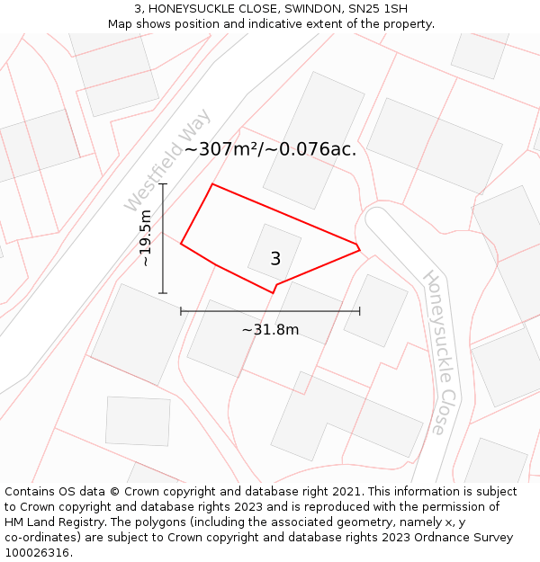 3, HONEYSUCKLE CLOSE, SWINDON, SN25 1SH: Plot and title map