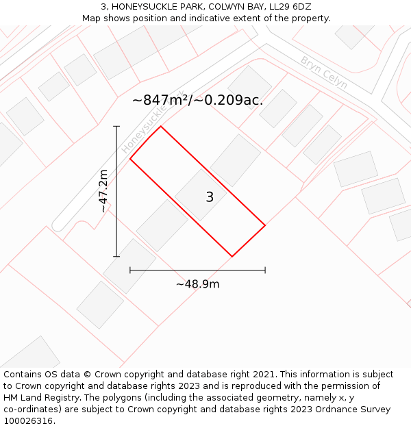 3, HONEYSUCKLE PARK, COLWYN BAY, LL29 6DZ: Plot and title map