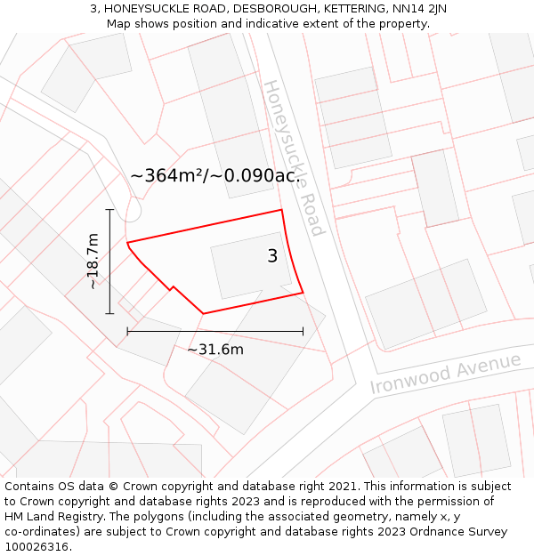 3, HONEYSUCKLE ROAD, DESBOROUGH, KETTERING, NN14 2JN: Plot and title map