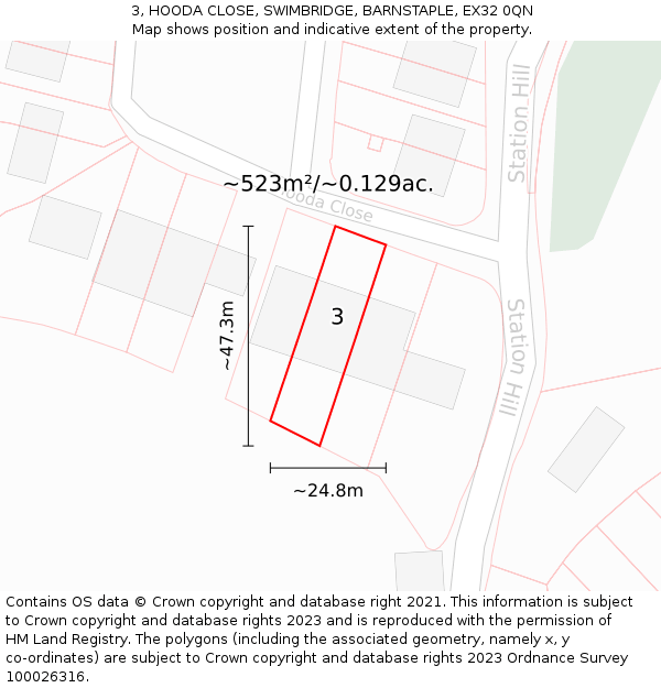 3, HOODA CLOSE, SWIMBRIDGE, BARNSTAPLE, EX32 0QN: Plot and title map