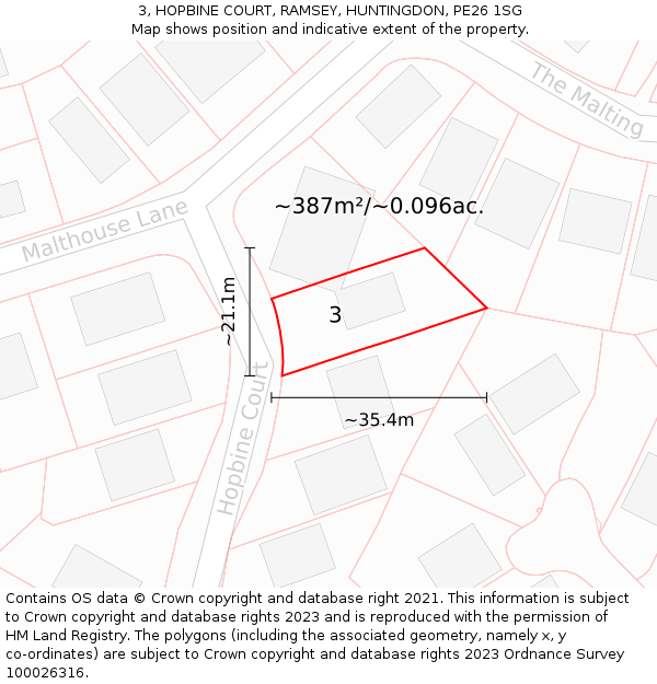 3, HOPBINE COURT, RAMSEY, HUNTINGDON, PE26 1SG: Plot and title map