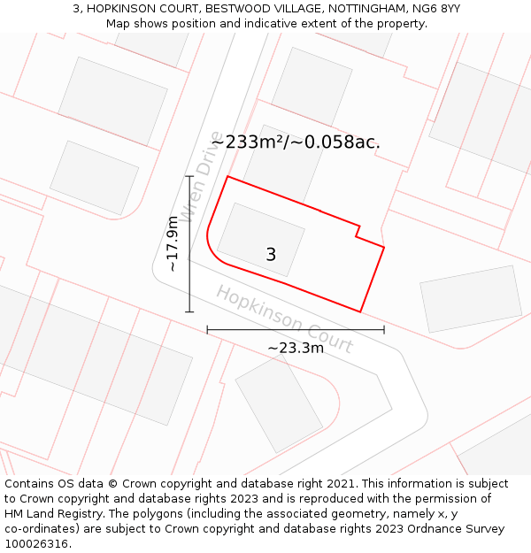 3, HOPKINSON COURT, BESTWOOD VILLAGE, NOTTINGHAM, NG6 8YY: Plot and title map