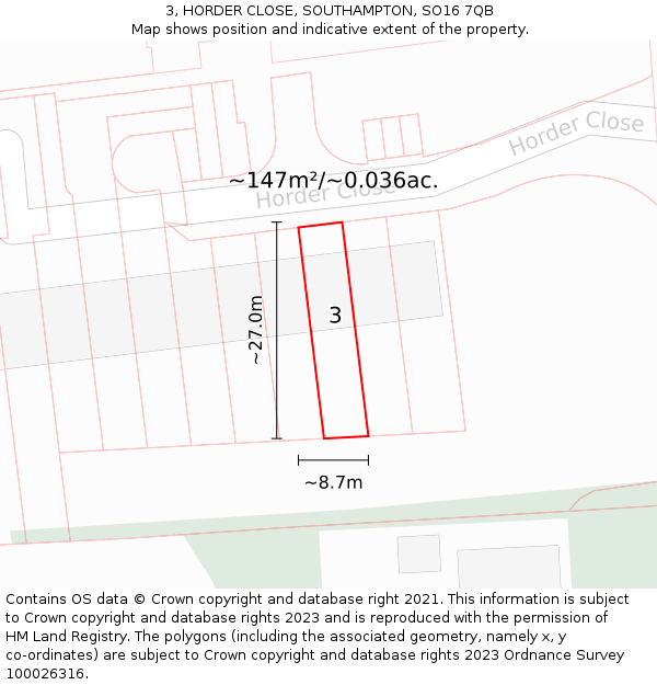 3, HORDER CLOSE, SOUTHAMPTON, SO16 7QB: Plot and title map