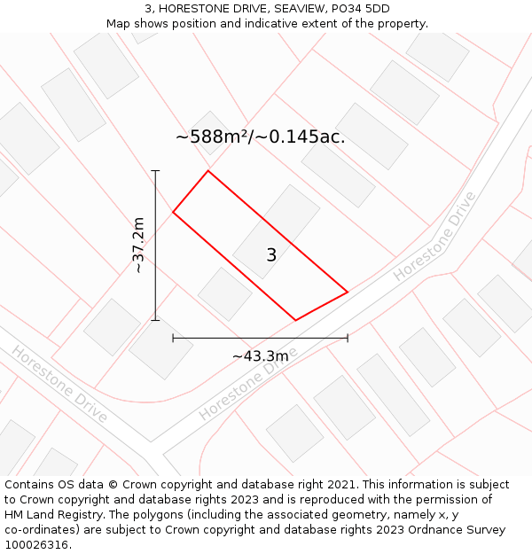 3, HORESTONE DRIVE, SEAVIEW, PO34 5DD: Plot and title map