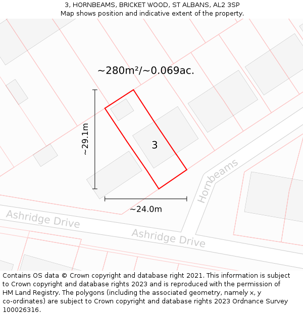 3, HORNBEAMS, BRICKET WOOD, ST ALBANS, AL2 3SP: Plot and title map