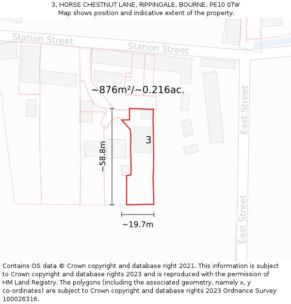 3, HORSE CHESTNUT LANE, RIPPINGALE, BOURNE, PE10 0TW: Plot and title map