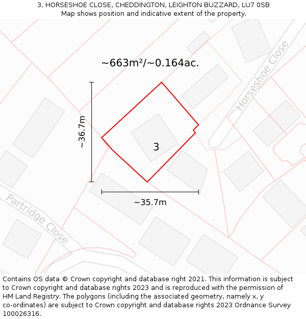 3, HORSESHOE CLOSE, CHEDDINGTON, LEIGHTON BUZZARD, LU7 0SB: Plot and title map