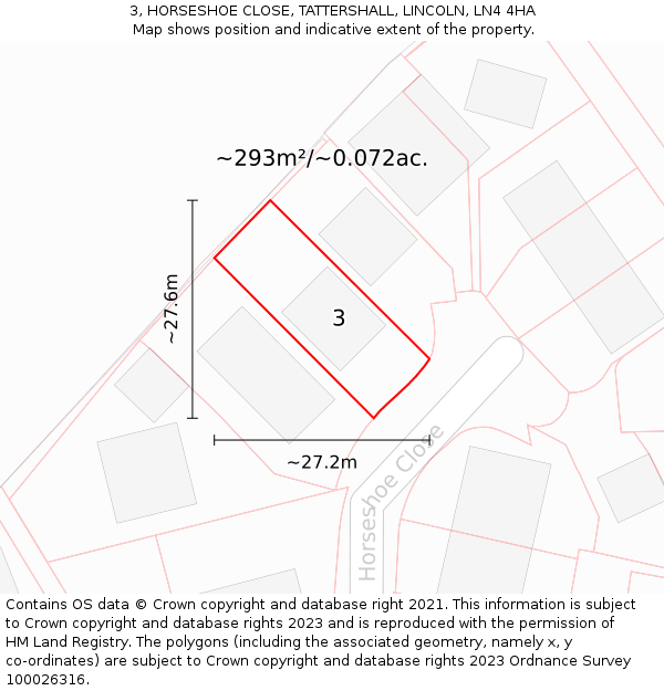 3, HORSESHOE CLOSE, TATTERSHALL, LINCOLN, LN4 4HA: Plot and title map