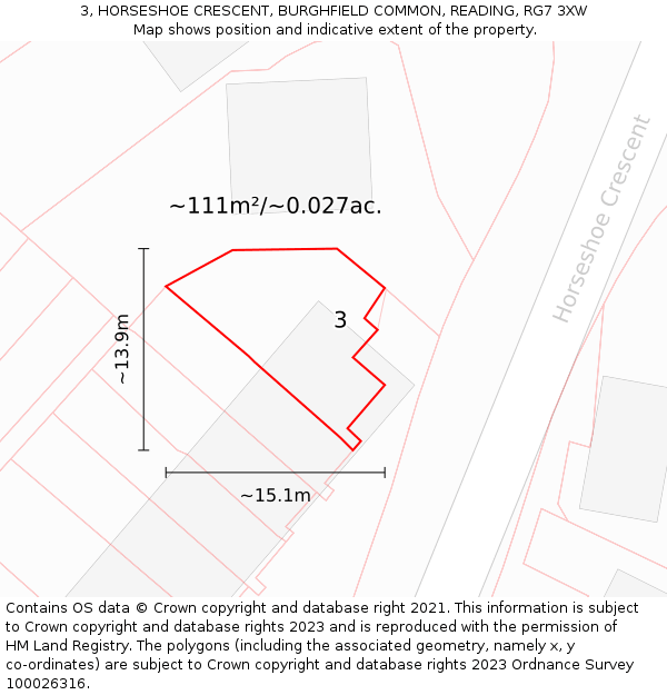 3, HORSESHOE CRESCENT, BURGHFIELD COMMON, READING, RG7 3XW: Plot and title map