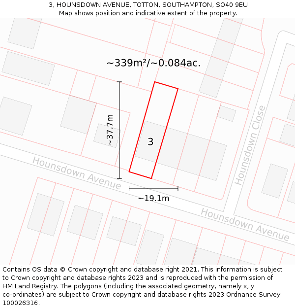 3, HOUNSDOWN AVENUE, TOTTON, SOUTHAMPTON, SO40 9EU: Plot and title map