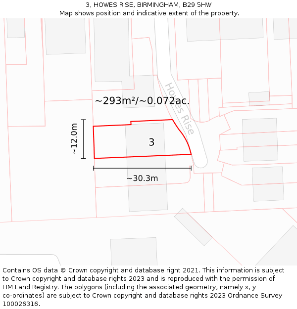 3, HOWES RISE, BIRMINGHAM, B29 5HW: Plot and title map