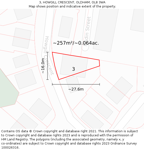 3, HOWGILL CRESCENT, OLDHAM, OL8 3WA: Plot and title map