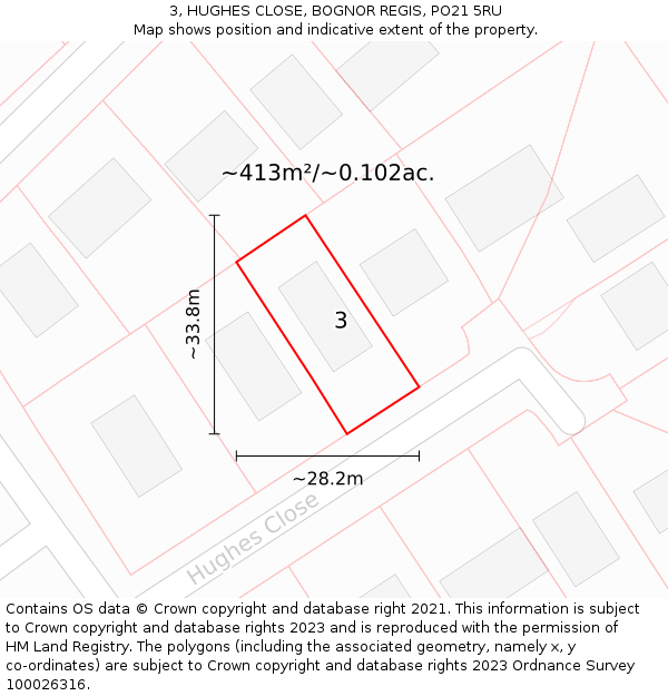 3, HUGHES CLOSE, BOGNOR REGIS, PO21 5RU: Plot and title map