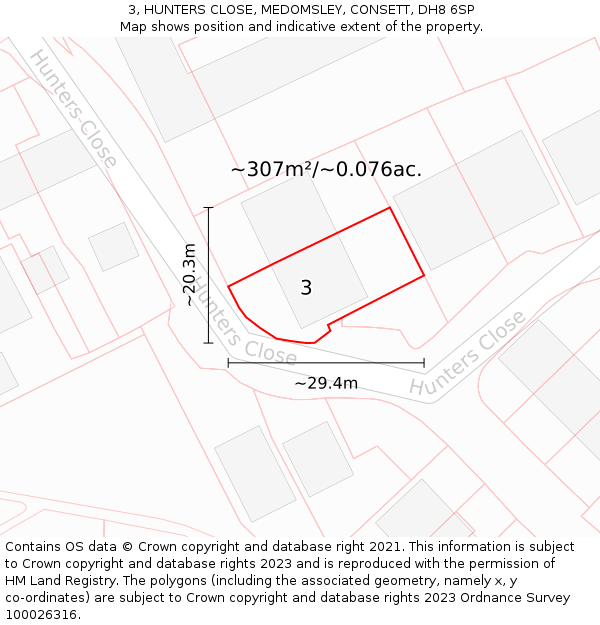 3, HUNTERS CLOSE, MEDOMSLEY, CONSETT, DH8 6SP: Plot and title map