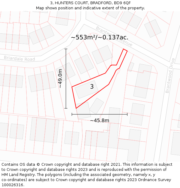 3, HUNTERS COURT, BRADFORD, BD9 6QF: Plot and title map