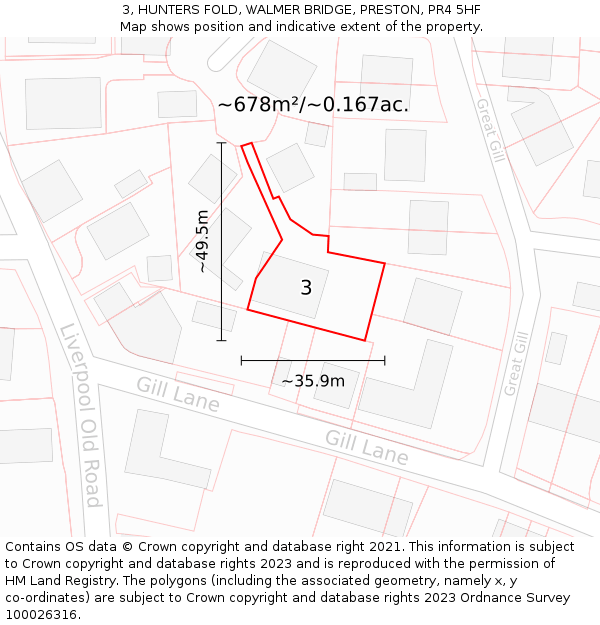 3, HUNTERS FOLD, WALMER BRIDGE, PRESTON, PR4 5HF: Plot and title map