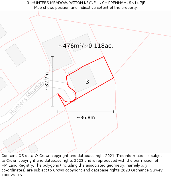 3, HUNTERS MEADOW, YATTON KEYNELL, CHIPPENHAM, SN14 7JF: Plot and title map