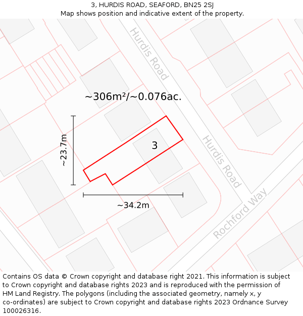 3, HURDIS ROAD, SEAFORD, BN25 2SJ: Plot and title map