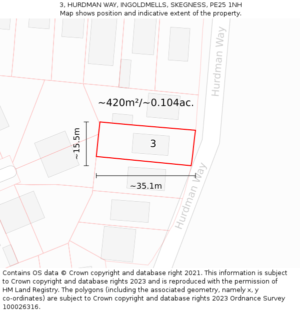 3, HURDMAN WAY, INGOLDMELLS, SKEGNESS, PE25 1NH: Plot and title map