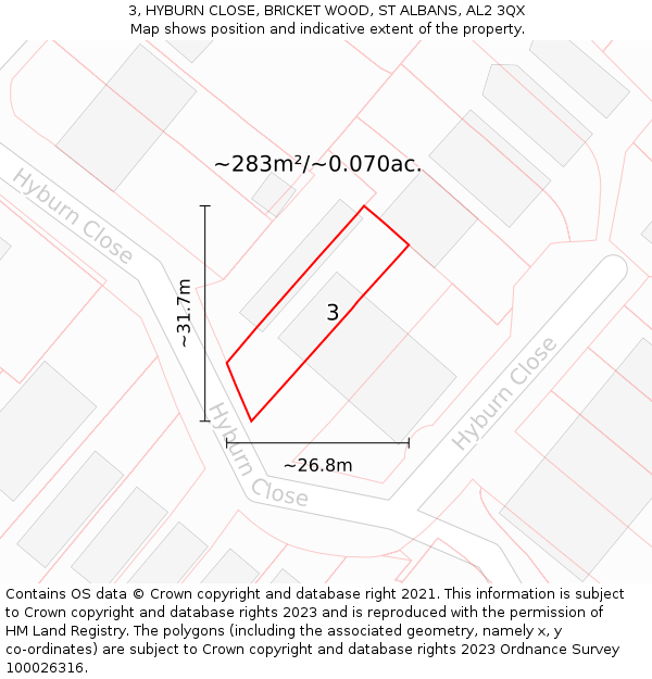 3, HYBURN CLOSE, BRICKET WOOD, ST ALBANS, AL2 3QX: Plot and title map