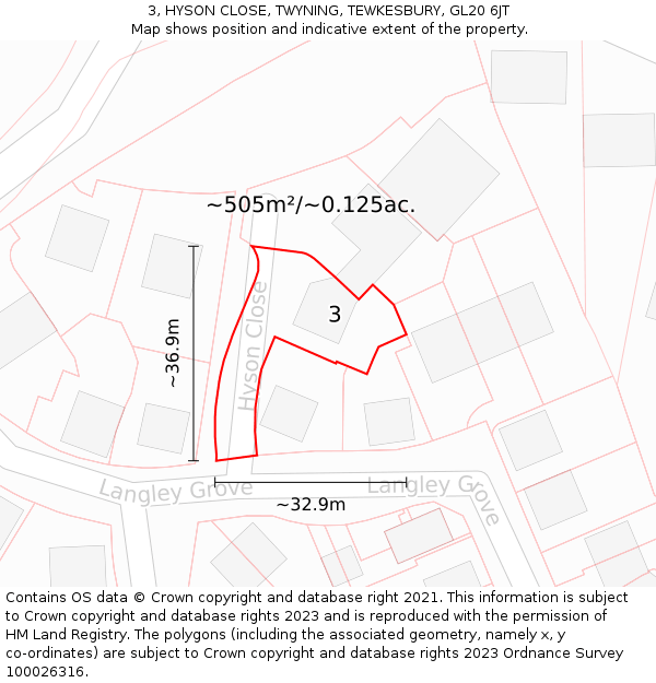 3, HYSON CLOSE, TWYNING, TEWKESBURY, GL20 6JT: Plot and title map