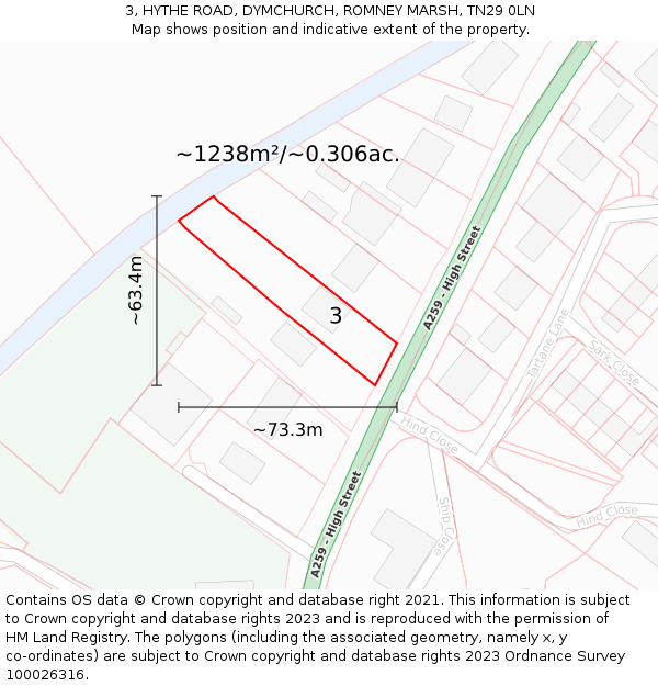 3, HYTHE ROAD, DYMCHURCH, ROMNEY MARSH, TN29 0LN: Plot and title map