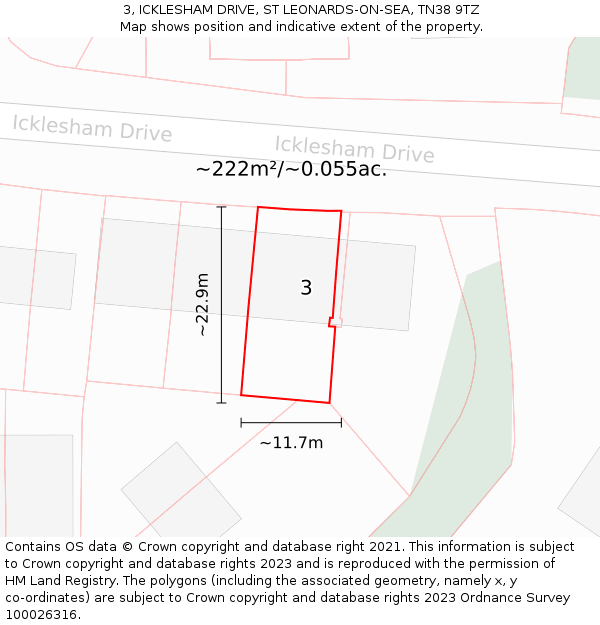 3, ICKLESHAM DRIVE, ST LEONARDS-ON-SEA, TN38 9TZ: Plot and title map