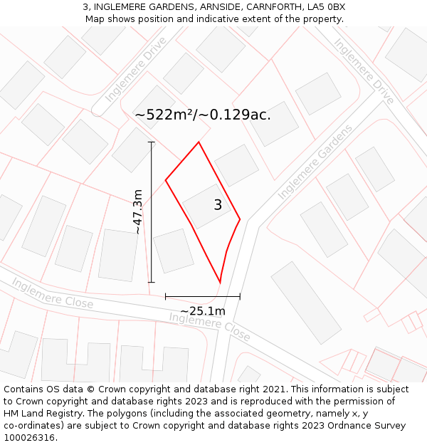 3, INGLEMERE GARDENS, ARNSIDE, CARNFORTH, LA5 0BX: Plot and title map