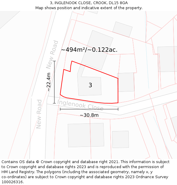 3, INGLENOOK CLOSE, CROOK, DL15 8GA: Plot and title map