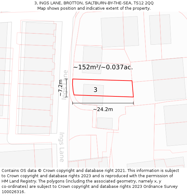 3, INGS LANE, BROTTON, SALTBURN-BY-THE-SEA, TS12 2QQ: Plot and title map