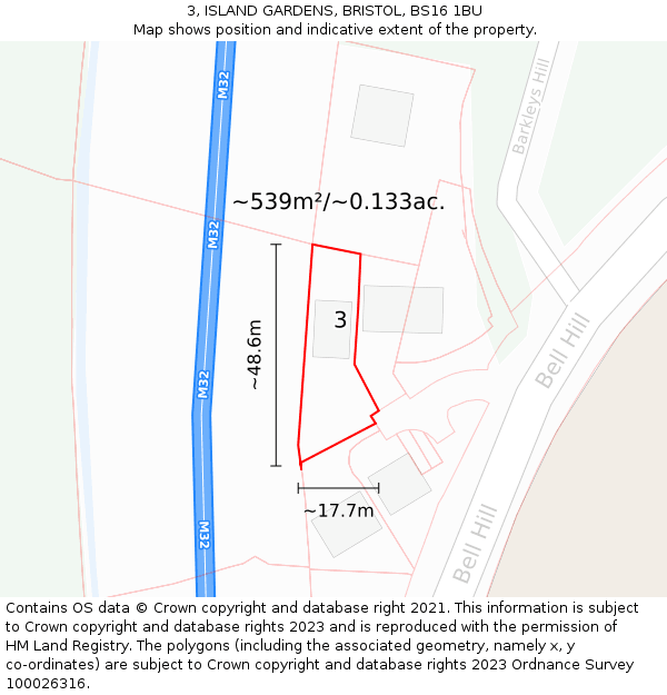 3, ISLAND GARDENS, BRISTOL, BS16 1BU: Plot and title map