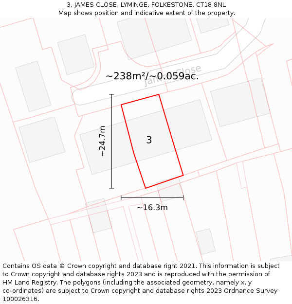 3, JAMES CLOSE, LYMINGE, FOLKESTONE, CT18 8NL: Plot and title map