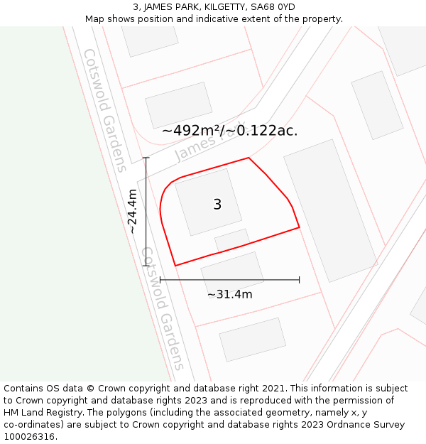 3, JAMES PARK, KILGETTY, SA68 0YD: Plot and title map