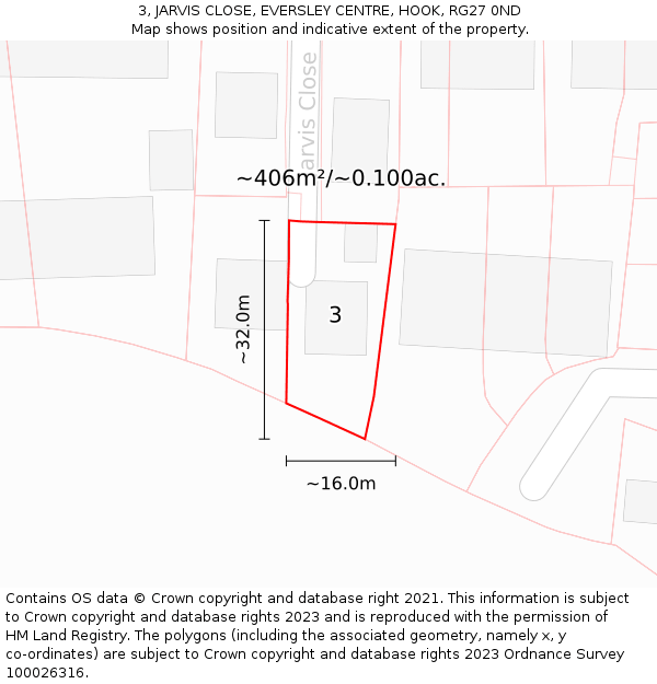 3, JARVIS CLOSE, EVERSLEY CENTRE, HOOK, RG27 0ND: Plot and title map