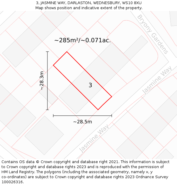 3, JASMINE WAY, DARLASTON, WEDNESBURY, WS10 8XU: Plot and title map