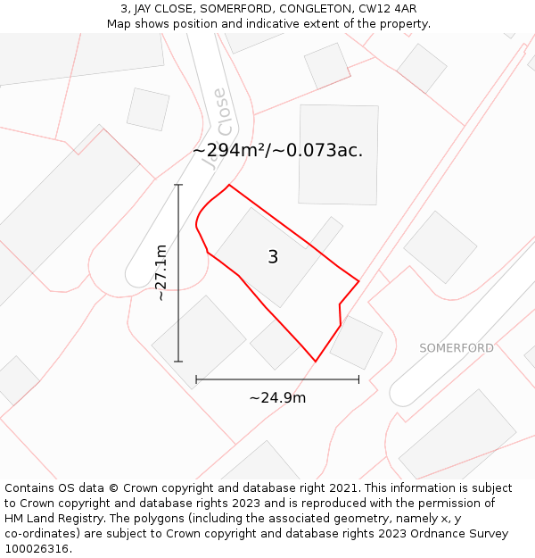 3, JAY CLOSE, SOMERFORD, CONGLETON, CW12 4AR: Plot and title map