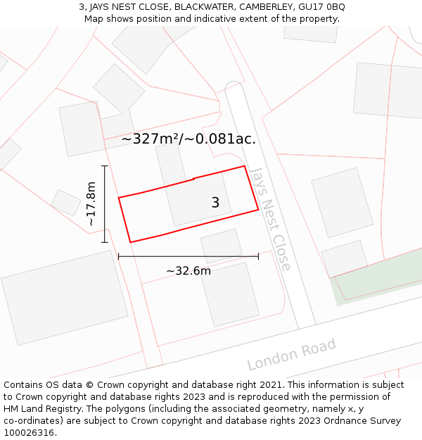 3, JAYS NEST CLOSE, BLACKWATER, CAMBERLEY, GU17 0BQ: Plot and title map