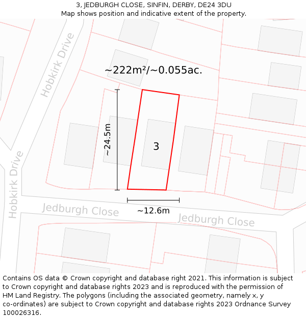 3, JEDBURGH CLOSE, SINFIN, DERBY, DE24 3DU: Plot and title map