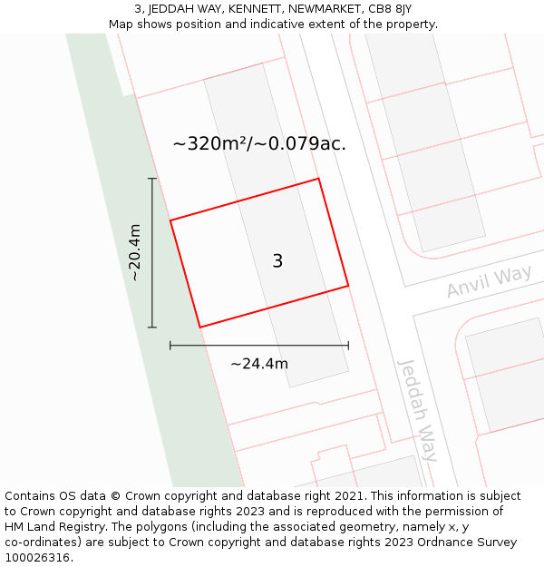 3, JEDDAH WAY, KENNETT, NEWMARKET, CB8 8JY: Plot and title map