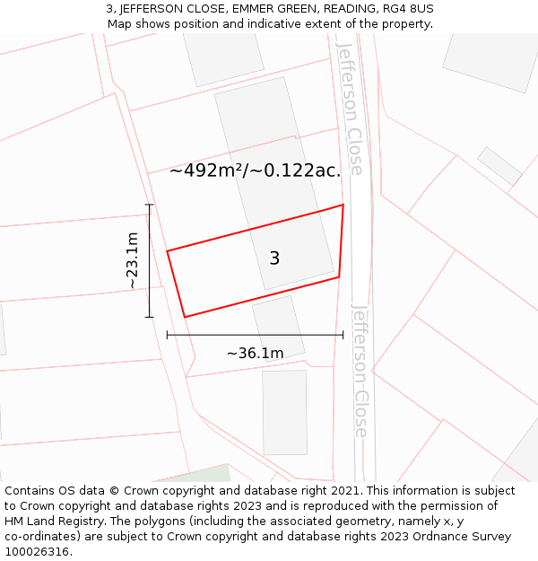 3, JEFFERSON CLOSE, EMMER GREEN, READING, RG4 8US: Plot and title map