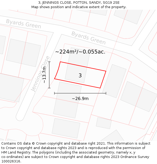 3, JENNINGS CLOSE, POTTON, SANDY, SG19 2SE: Plot and title map