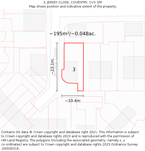 3, JERSEY CLOSE, COVENTRY, CV3 1PP: Plot and title map