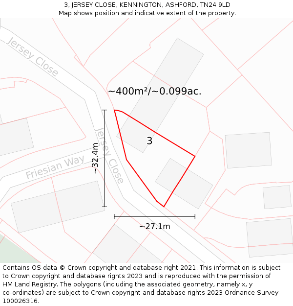 3, JERSEY CLOSE, KENNINGTON, ASHFORD, TN24 9LD: Plot and title map