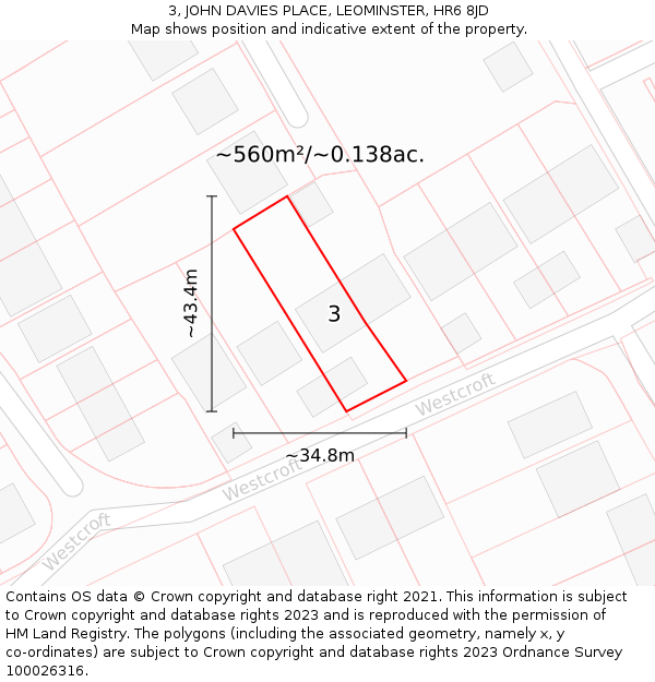 3, JOHN DAVIES PLACE, LEOMINSTER, HR6 8JD: Plot and title map