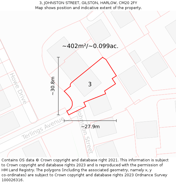 3, JOHNSTON STREET, GILSTON, HARLOW, CM20 2FY: Plot and title map