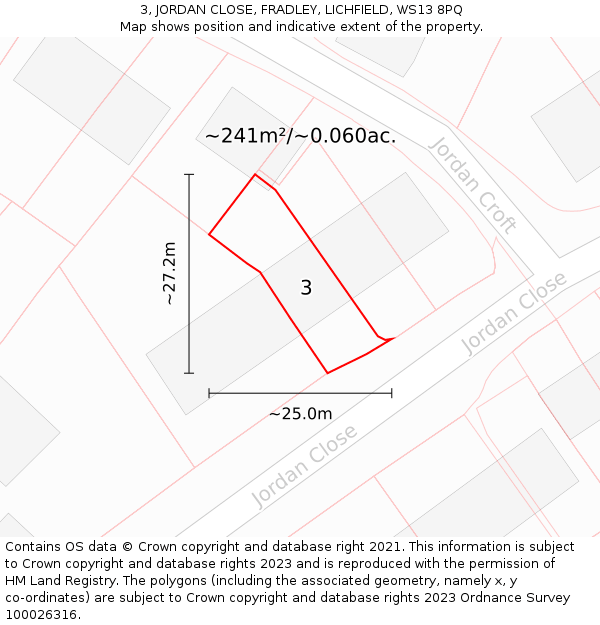 3, JORDAN CLOSE, FRADLEY, LICHFIELD, WS13 8PQ: Plot and title map