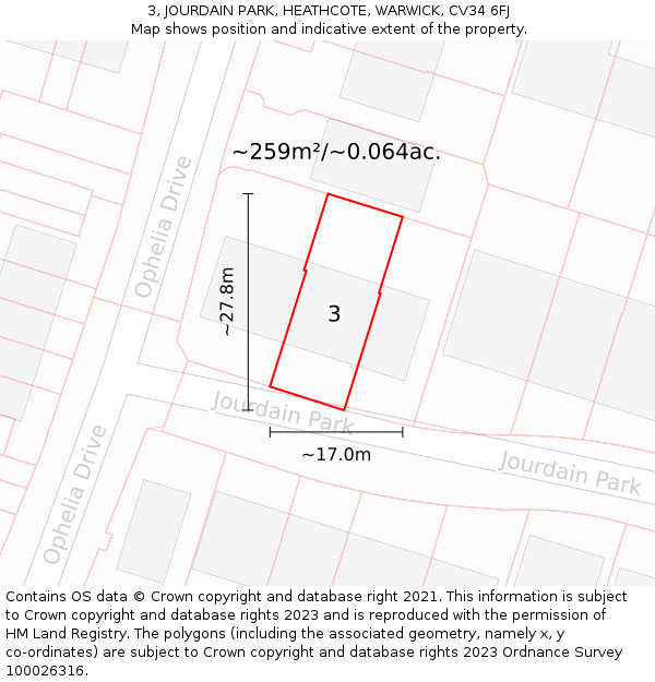 3, JOURDAIN PARK, HEATHCOTE, WARWICK, CV34 6FJ: Plot and title map